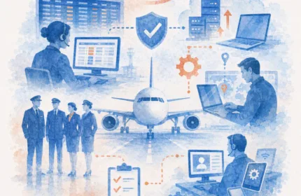 Illustration of airline operations and technology modernization, featuring an aircraft, aviation professionals, IT support teams, operational dashboards, cybersecurity, cloud systems, workforce planning, and digital aviation infrastructure.