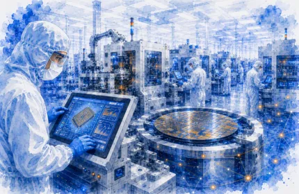 Semiconductor manufacturing facility with engineers monitoring production systems, advanced technology equipment, digital dashboards, and IT infrastructure supporting continuous operations during a critical vendor transition.